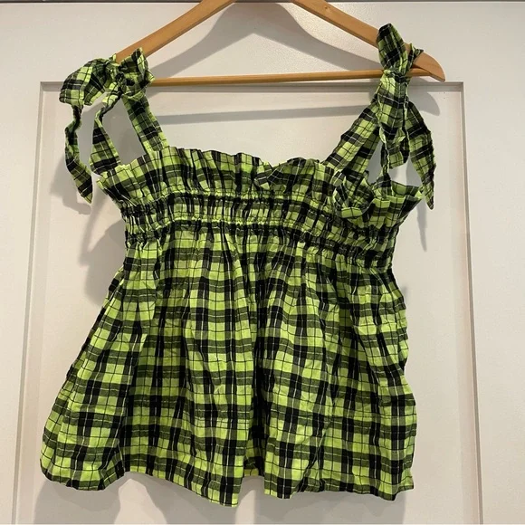 ✨SOLD✨ Ganni Neon Green Checked Top - Picture 5 of 8